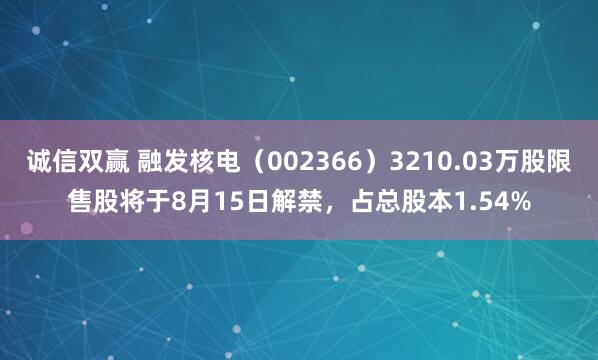 诚信双赢 融发核电（002366）3210.03万股限售股将于8月15日解禁，占总股本1.54%