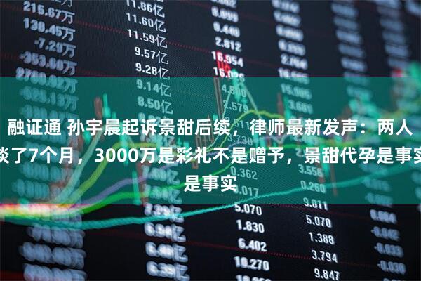 融证通 孙宇晨起诉景甜后续，律师最新发声：两人谈了7个月，3000万是彩礼不是赠予，景甜代孕是事实